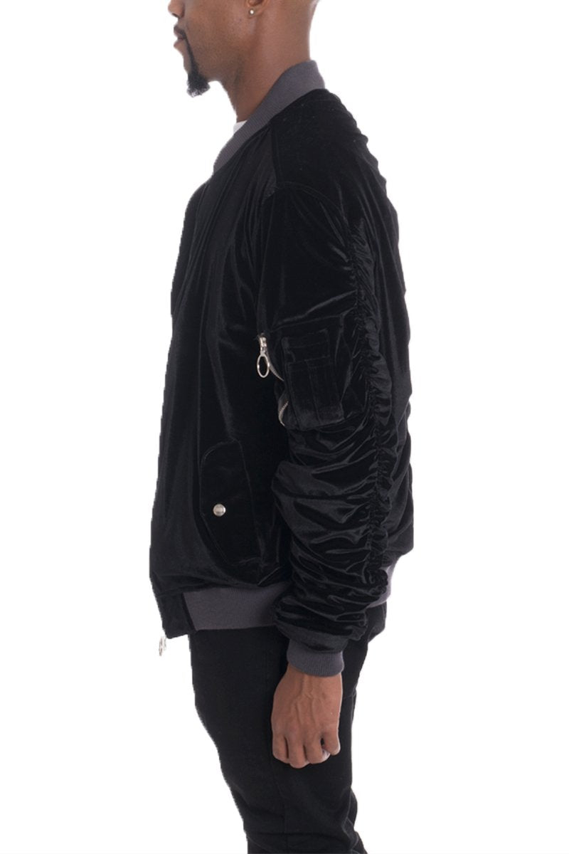 Velour Cinch Sleeve Bomber Jacket