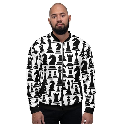 Men's Jacket - Black and White Chess Style Bomber Jacket