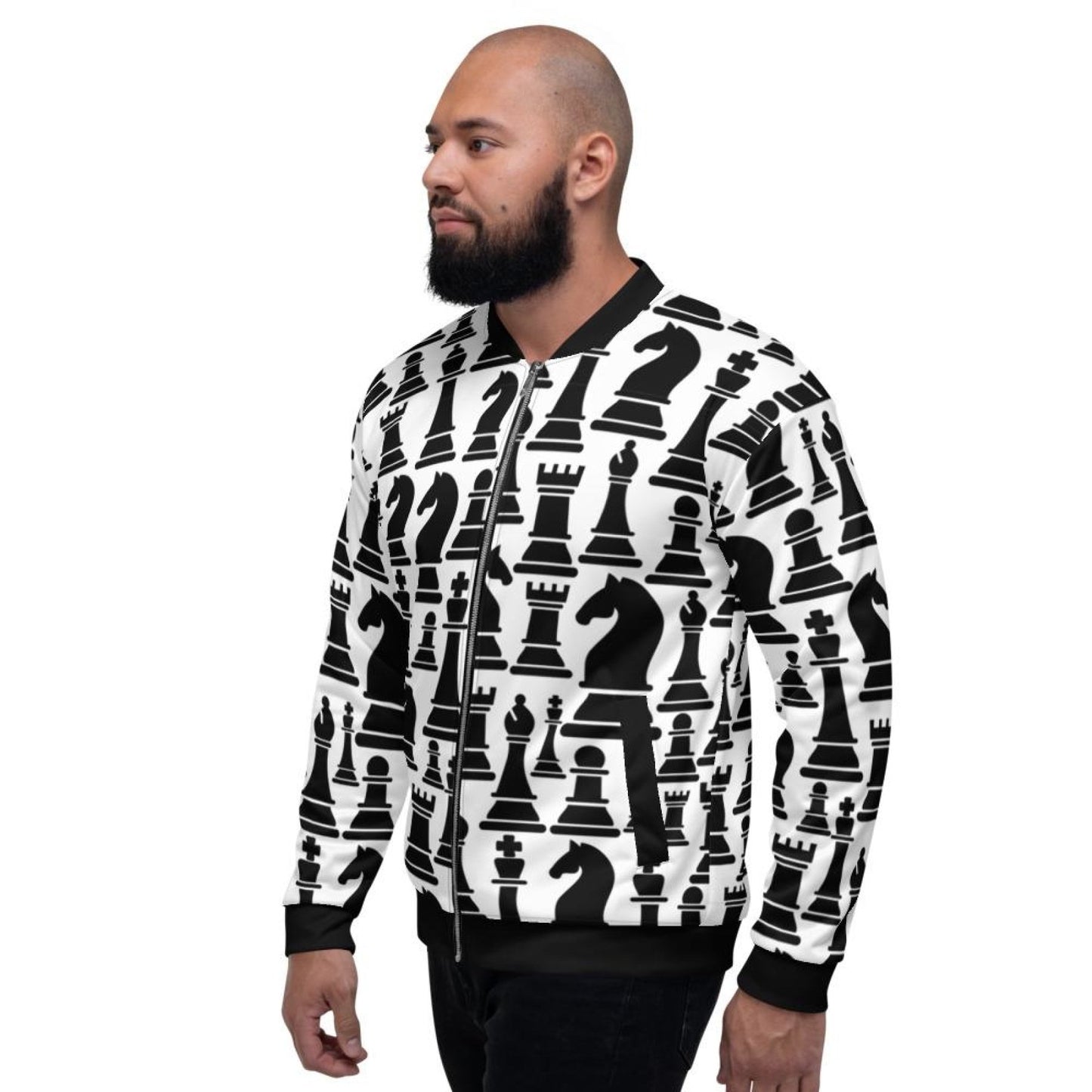 Men's Jacket - Black and White Chess Style Bomber Jacket