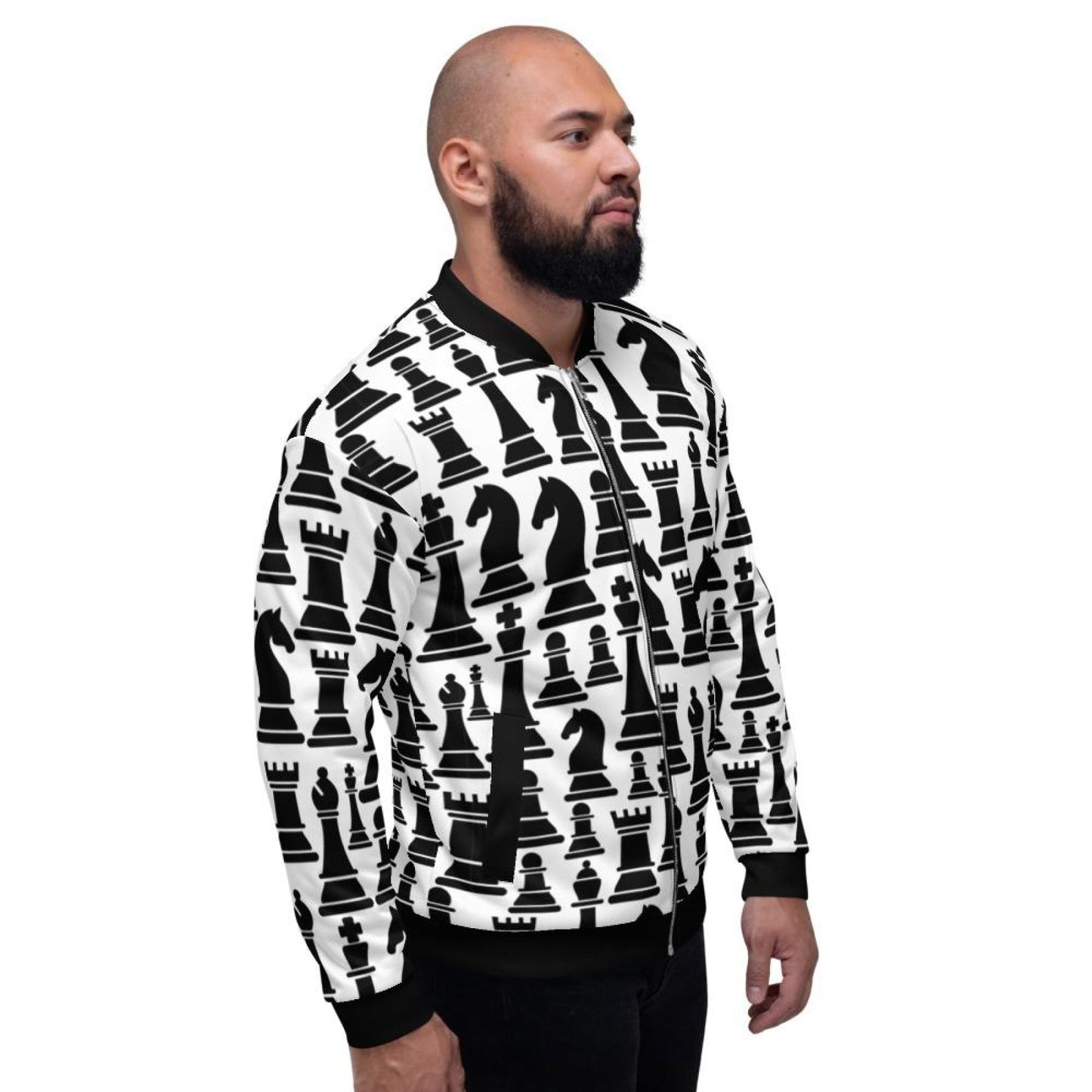 Men's Jacket - Black and White Chess Style Bomber Jacket